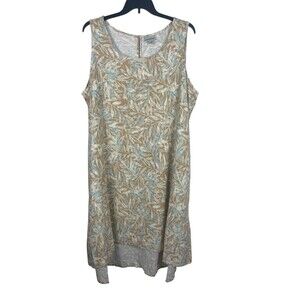 Catherines 3X Linen Blend Trapeze Dress Beige Blue Leaf Print Sleeveless Pockets